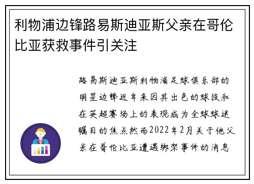 利物浦边锋路易斯迪亚斯父亲在哥伦比亚获救事件引关注